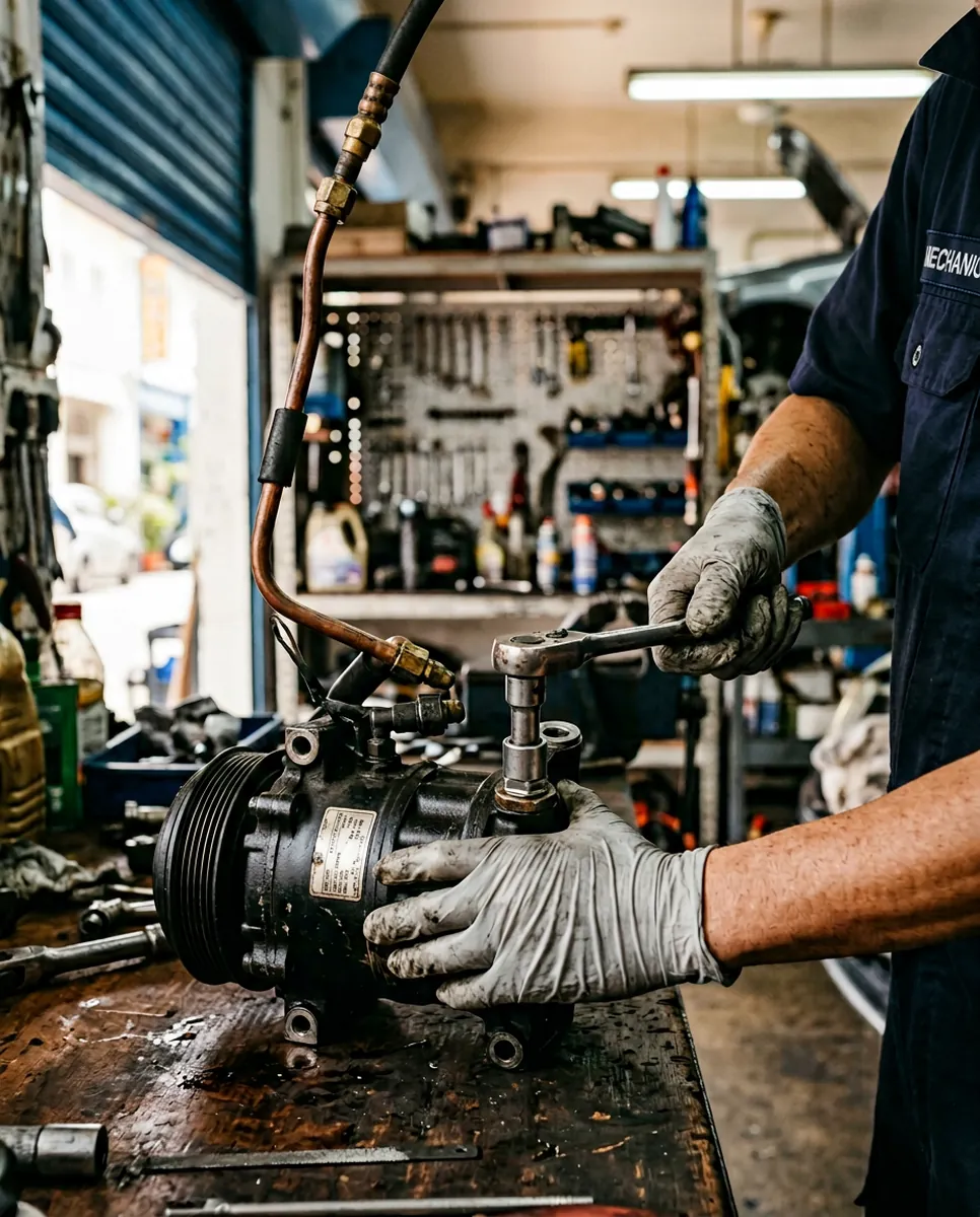 Owner's hands working on a car aircon compressor at Edwin Garage in Ang Mo Kio